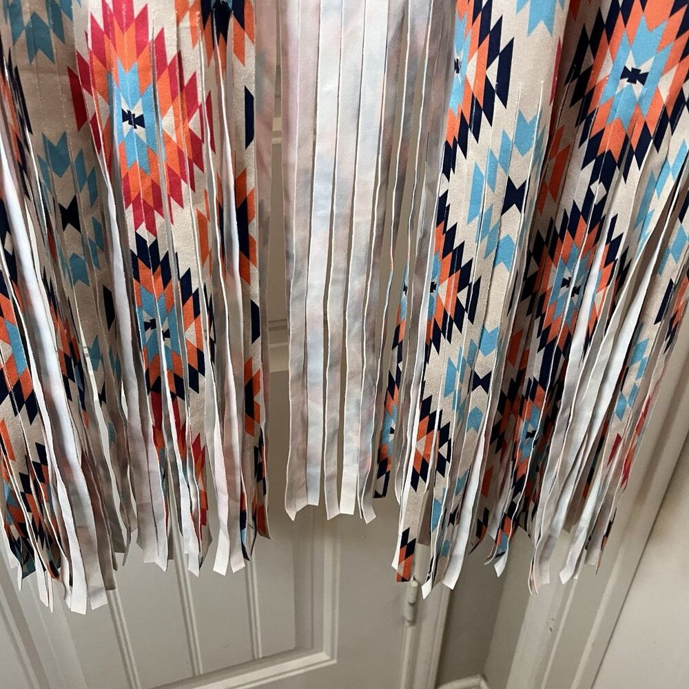 Southern Stitch Aztec Blue Orange Diamond Sleeveless Fringe Boho Kimono Open Top - Picture 3 of 9